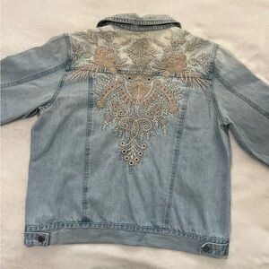 Johnny Was Workshop Embroidered Light Wash Denim Jean Jacket
